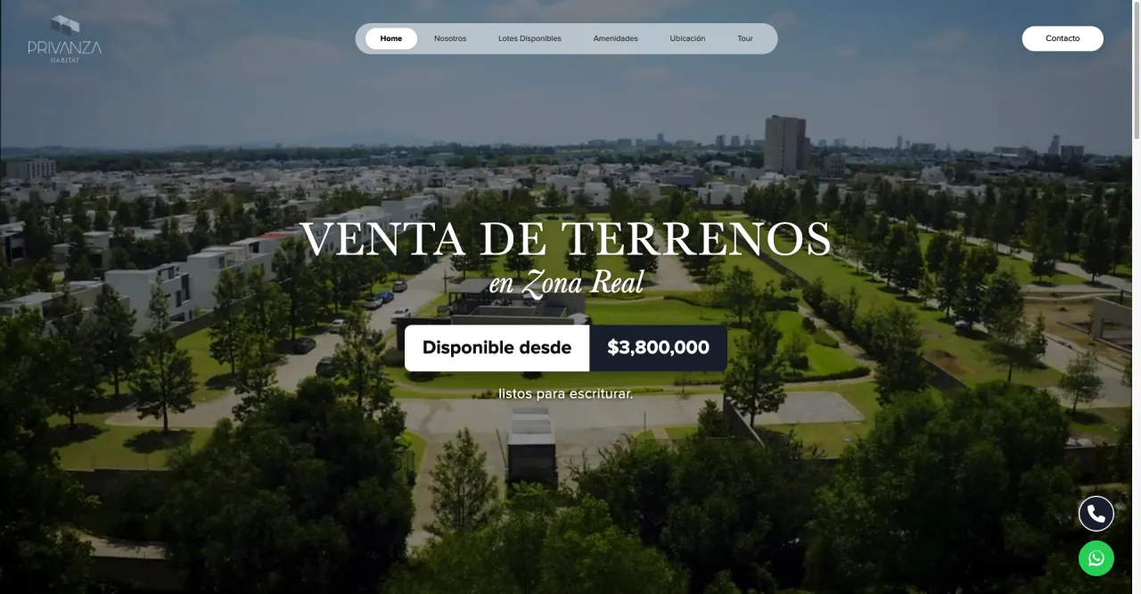 Privanza Hábitat website: land sales in Zona Real